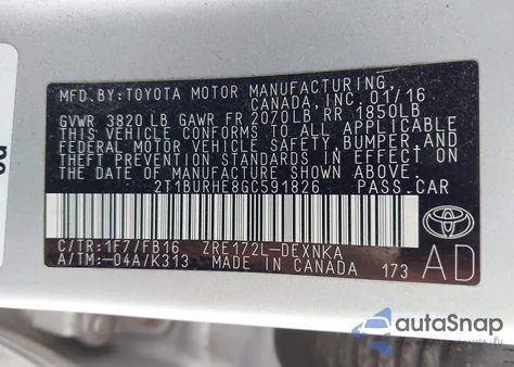 2016 Toyota Corolla Le из США, поврежденный, VIN 2T1BURHE8GC591826